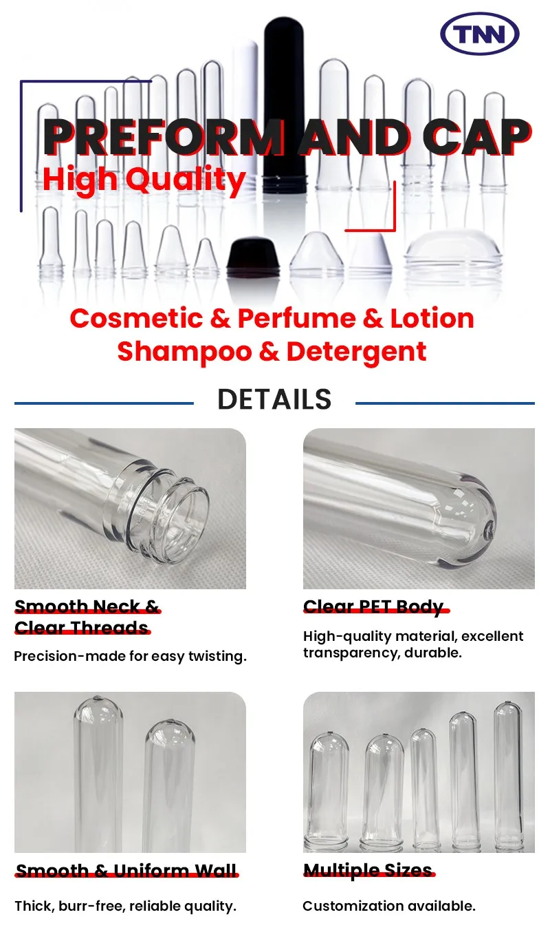 Discover our premium 17mm 18mm and 20mm cosmetic PET preforms engineered specifically for high-end lotion and perfume packaging Manufactured from 100 virgin PET resin these preforms offer exceptio 3 Discover our premium 17mm 18mm and 20mm cosmetic PET preforms engineered specifically for high-end lotion and perfume packaging Manufactured from 100 virgin PET resin these preforms offer exceptio 3